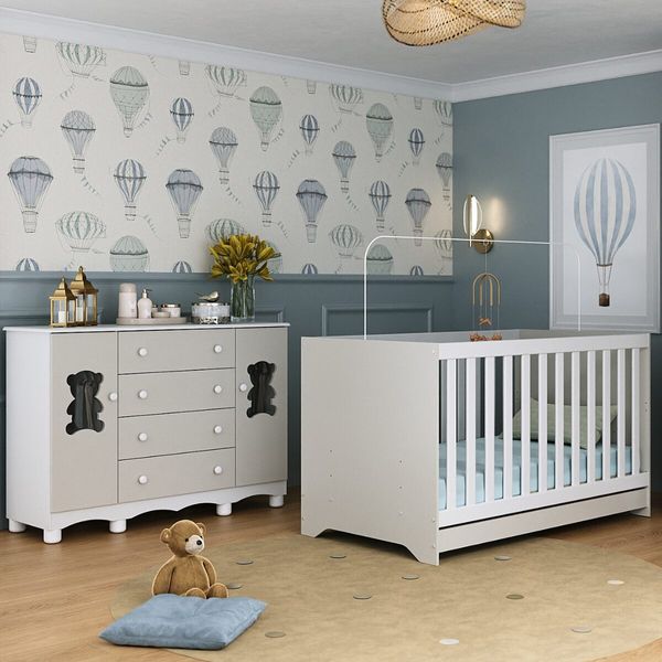 Berço Americano 3 em 1 com Cômoda 2 Portas 4 Gavetas Ternura Multimóveis MP4730 Branco/Off White