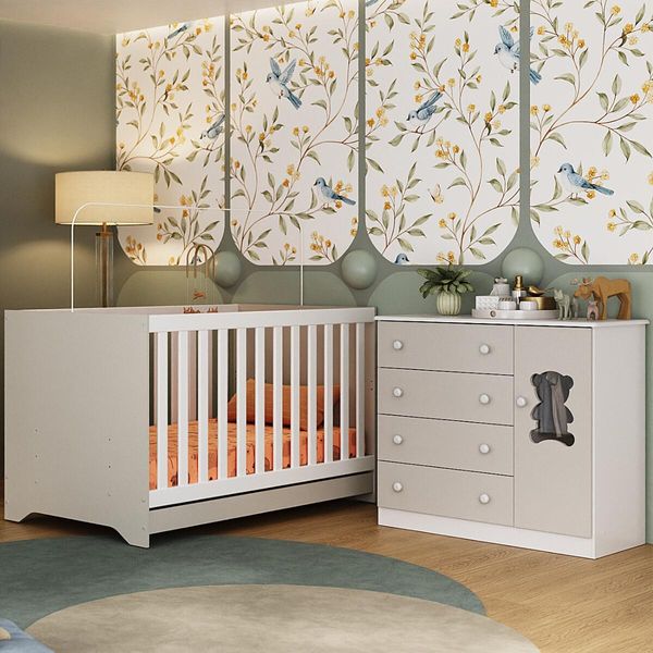 Berço Americano 3 em 1 com Colchão Incluso e Cômoda 1 Porta 4 Gavetas Teddy Multimóveis MP4731 Branco/Off White