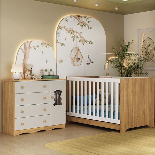 Berço Americano 3 em 1 com Colchão Incluso e Cômoda 1 Porta 4 Gavetas Doçura Multimóveis MP4733 Madeirado/Off White