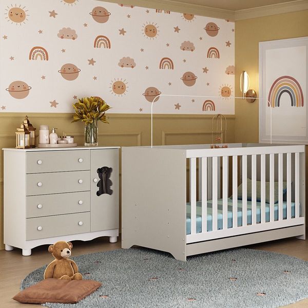 Berço Americano 3 em 1 com Colchão Incluso e Cômoda 1 Porta 4 Gavetas Ternura Multimóveis MP4734 Branco/Off White