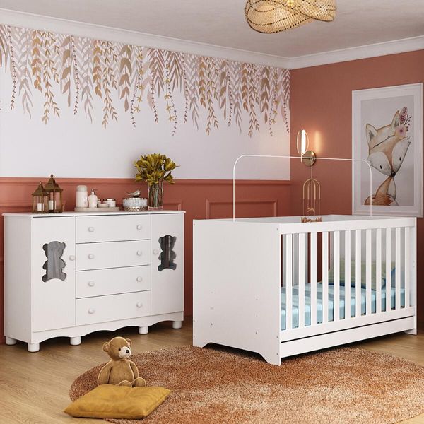 Berço Americano 3 em 1 com Colchão Incluso e Cômoda 2 Portas 4 Gavetas Ternura Multimóveis MP4738 Branco
