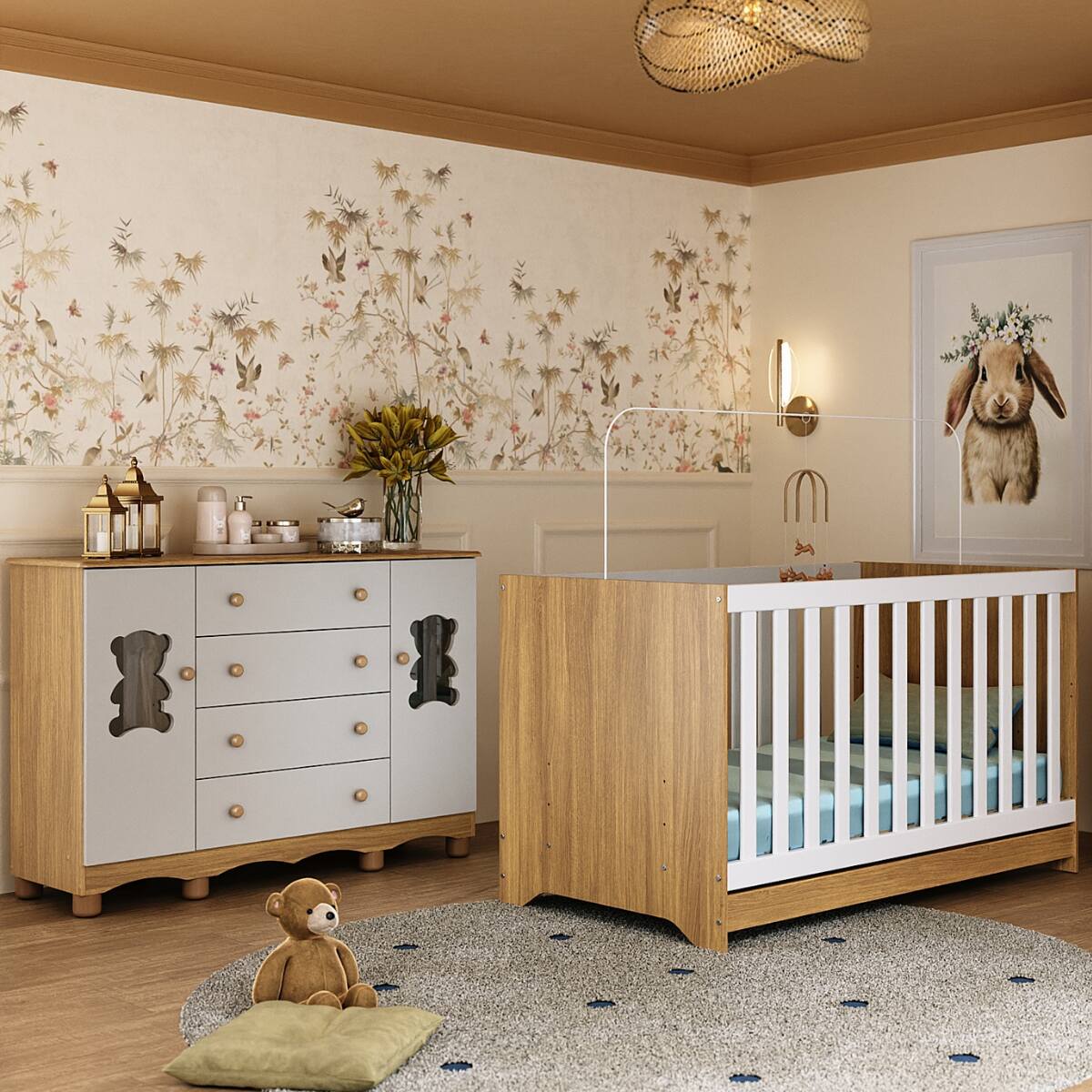 Berço Americano 3 em 1 com Colchão Incluso e Cômoda 2 Portas 4 Gavetas Ternura Multimóveis MP4738 Madeirado/Off White