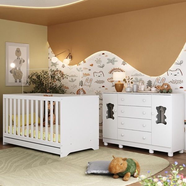 Berço Americano 3 em 1 com Colchão Incluso e Cômoda 2 Portas 4 Gavetas Fofura Multimóveis MP4736 Branco