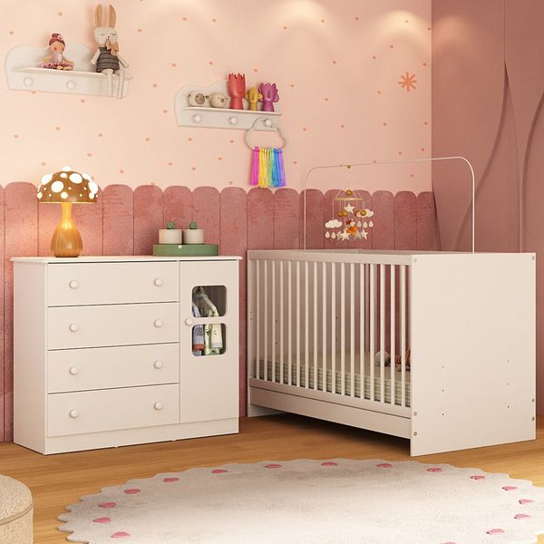 Berço 3 em 1 para Colchão 130x60cm com Cômoda 1 Porta 4 Gavetas Brisa Multimóveis MP4739 Branco