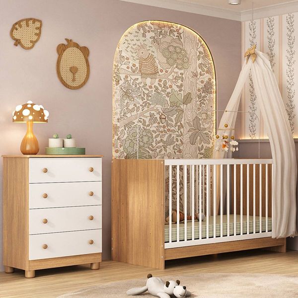 Berço 3 em 1 para Colchão 130x60cm com Cômoda 4 Gavetas Sol Multimóveis MP4744 Madeirado/Branco