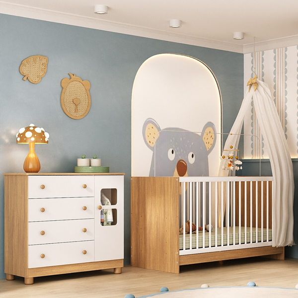 Berço 3 em 1 para Colchão 130x60cm com Cômoda 1 Porta 4 Gavetas Sol Multimóveis MP4740 Madeirado/Branco