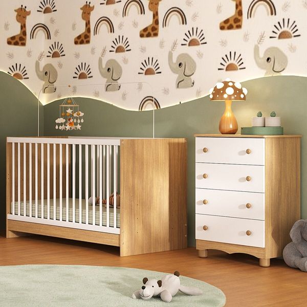 Berço 3 em 1 para Colchão 130x60cm com Cômoda 4 Gavetas Luna Multimóveis MP4746 Madeirado/Branco