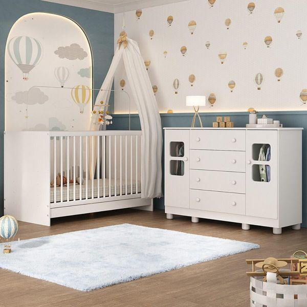 Berço 3 em 1 para Colchão 130x60cm com Cômoda 2 Portas 4 Gavetas Sol Multimóveis MP4748 Branco
