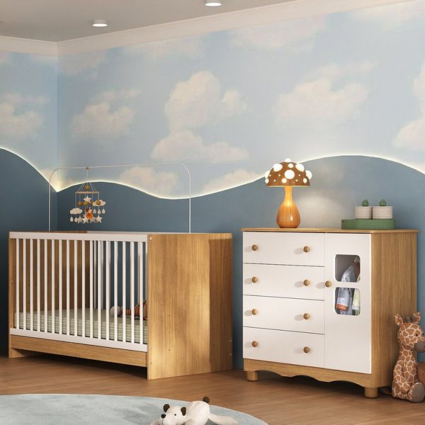 Berço 3 em 1 para Colchão 130x60cm com Cômoda 1 Porta 4 Gavetas Luna Multimóveis MP4742 Madeirado/Branco