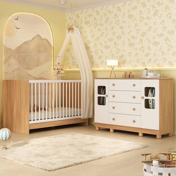 Berço 3 em 1 para Colchão 130x60cm com Cômoda 2 Portas 4 Gavetas Sol Multimóveis MP4748 Madeirado/Branco