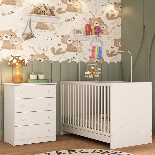Berço 3 em 1 para Colchão 130x60cm com Cômoda 4 Gavetas Brisa Multimóveis MP4743 Branco