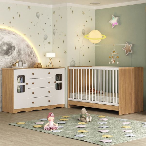Berço 3 em 1 para Colchão 130x60cm com Cômoda 2 Portas 4 Gavetas Serena Multimóveis MP4749 Madeirado/Branco