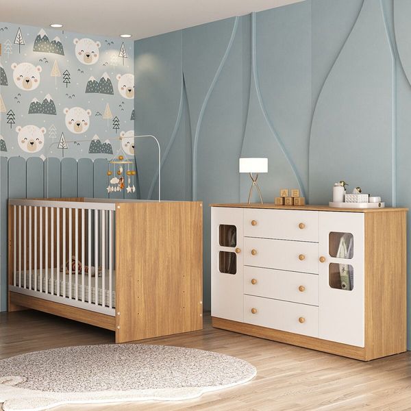 Berço 3 em 1 com Colchão Incluso e Cômoda 2 Portas 4 Gavetas Brisa Multimóveis MP4755 Madeirado/Branco