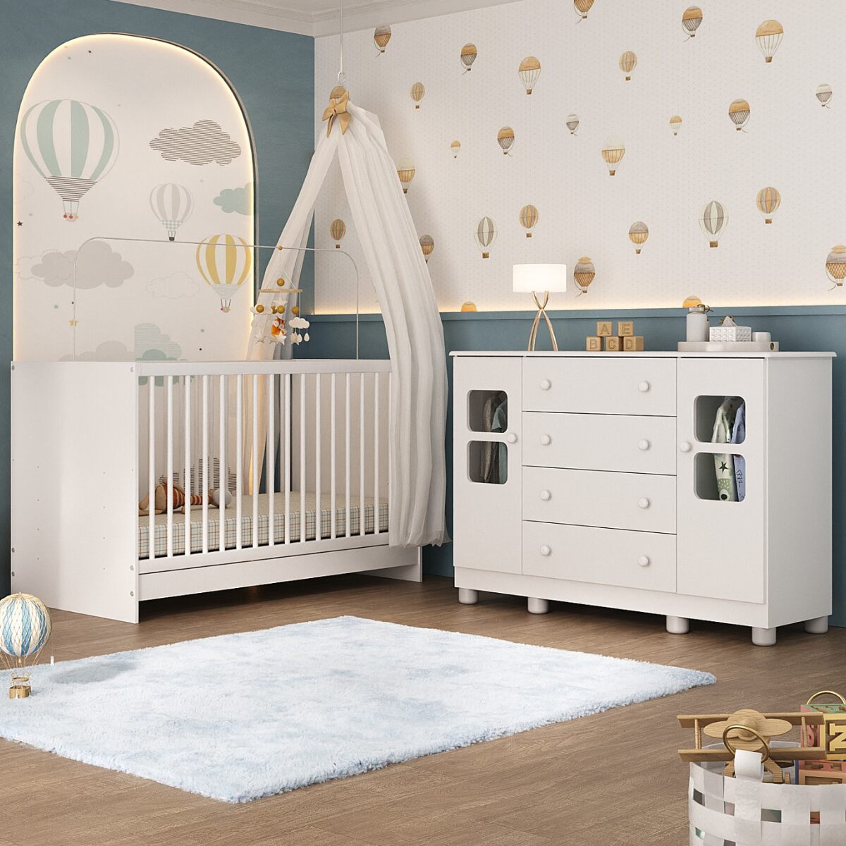 Berço 3 em 1 com Colchão Incluso e Cômoda 2 Portas 4 Gavetas Sol Multimóveis MP4756 Branco