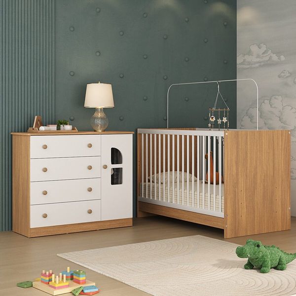 Berço 3 em 1 com Colchão Incluso e Cômoda 1 Porta 4 Gavetas Amora Multimóveis MP4767 Madeirado/Branco