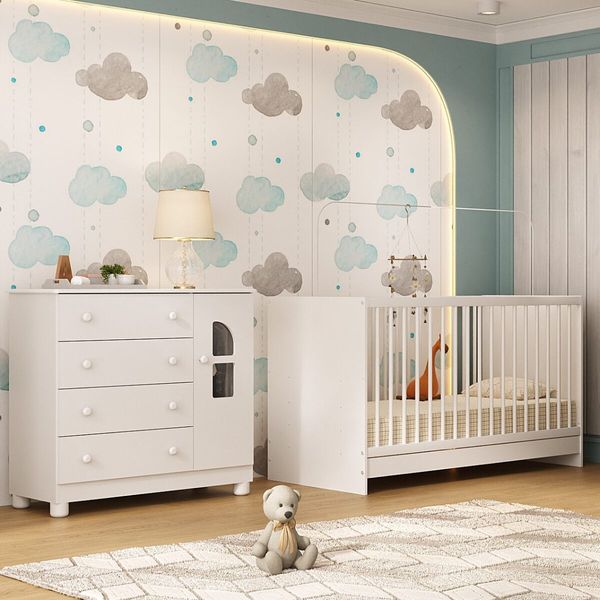 Berço 3 em 1 com Colchão Incluso e Cômoda 1 Porta 4 Gavetas Nina Multimóveis MP4768 Branco