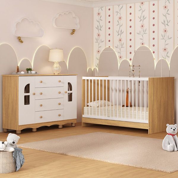 Berço 3 em 1 com Colchão Incluso e Cômoda 2 Portas 4 Gavetas Aurora Multimóveis MP4774 Madeirado/Branco