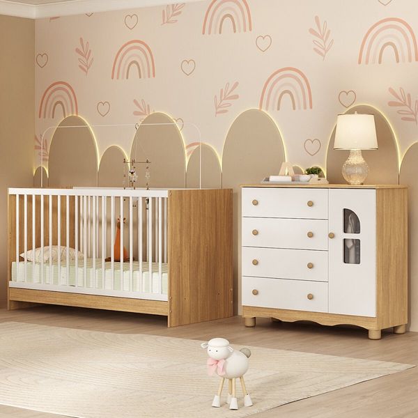 Berço 3 em 1 com Colchão Incluso e Cômoda 1 Porta 4 Gavetas Aurora Multimóveis MP4770 Madeirado/Branco