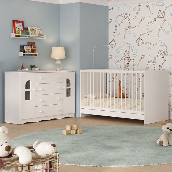 Berço 3 em 1 com Colchão Incluso e Cômoda 2 Portas 4 Gavetas Liz Multimóveis MP4773 Branco