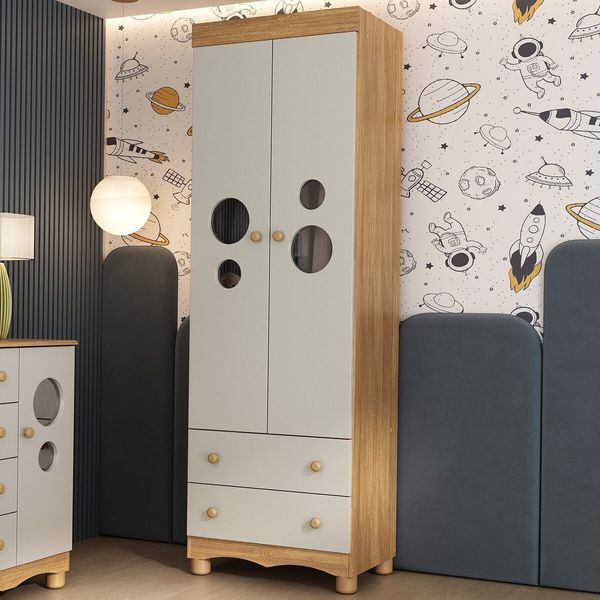 Guarda-roupa Infantil 62cm 2 Portas com Vidro e 2 Gavetas Suspiro Multimóveis MP4456 Madeirado/Off White