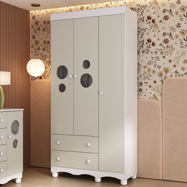 Guarda-roupa Infantil 92cm com Vidro 3 Portas e 2 Gavetas Suspiro Multimóveis MP4457 Branco/Off White