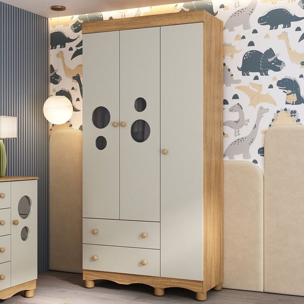 Guarda-roupa Infantil 92cm com Vidro 3 Portas e 2 Gavetas Suspiro Multimóveis MP4457 Madeirado/Off White