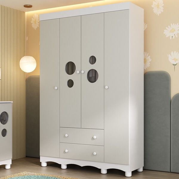 Guarda-roupa Infantil 122cm com Vidro 4 Portas e 2 Gavetas Suspiro Multimóveis MP4458 Branco/Off White
