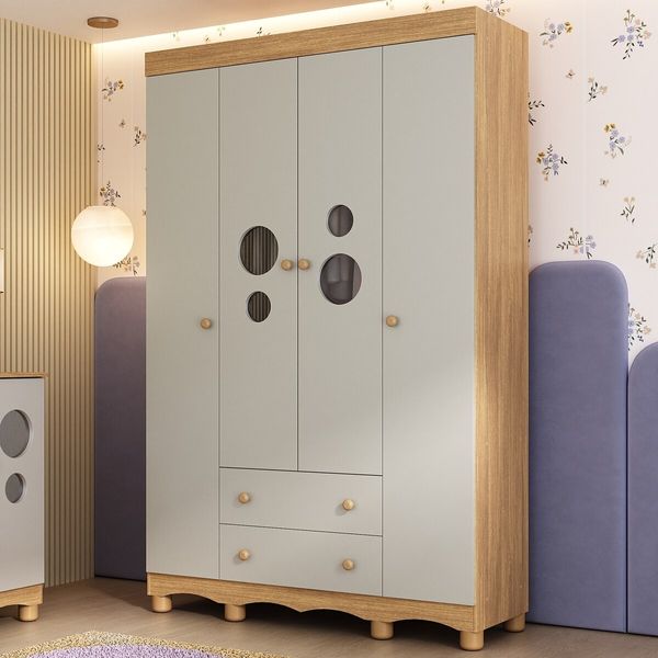 Guarda-roupa Infantil 122cm com Vidro 4 Portas e 2 Gavetas Suspiro Multimóveis MP4458 Madeirado/Off White