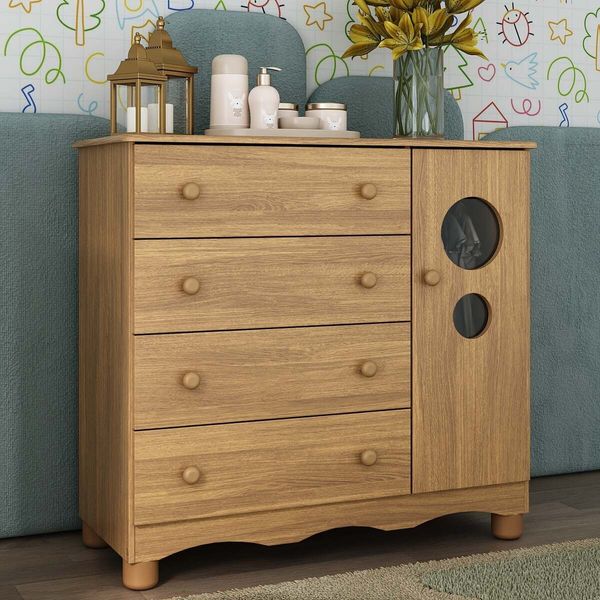 Cômoda Infantil 95cm 1 Porta com Vidro e 4 Gavetas Suspiro Multimóveis MP4459 Madeirado