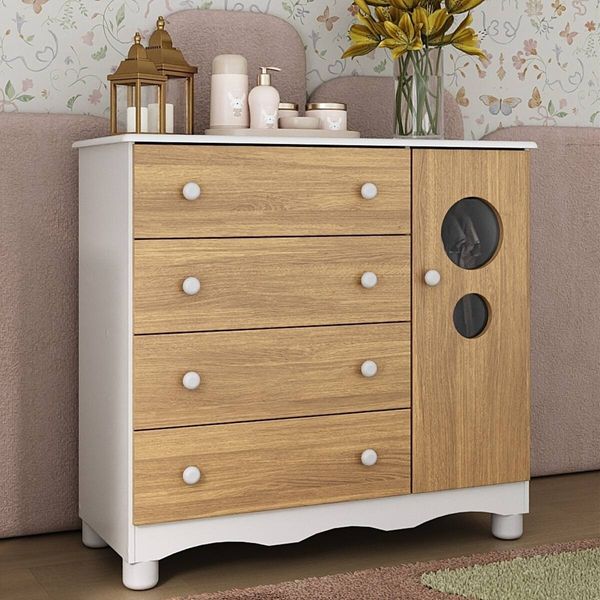 Cômoda Infantil 95cm 1 Porta com Vidro e 4 Gavetas Suspiro Multimóveis MP4459 Branco/Madeirado