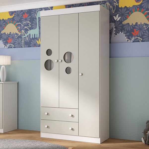 Guarda-roupa Infantil 92cm com Vidro 3 Portas e 2 Gavetas Pirulito Multimóveis MP4467 Branco/Off White