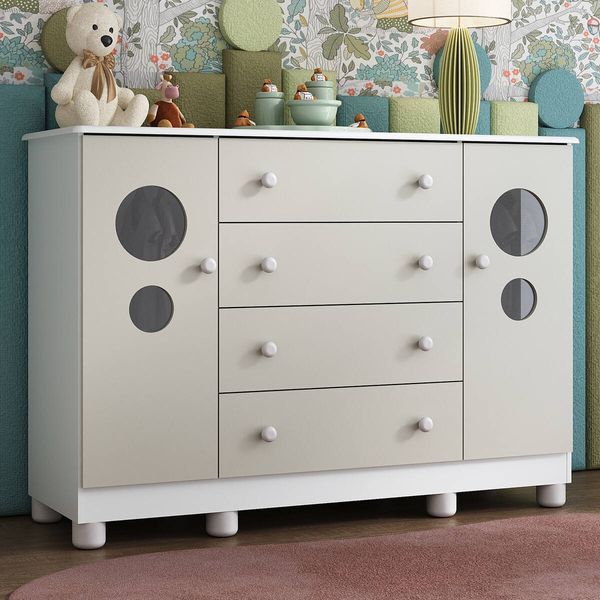 Cômoda Infantil 125cm 2 Portas com Vidro e 4 Gavetas Bombom Multimóveis MP4465 Branco/Off White