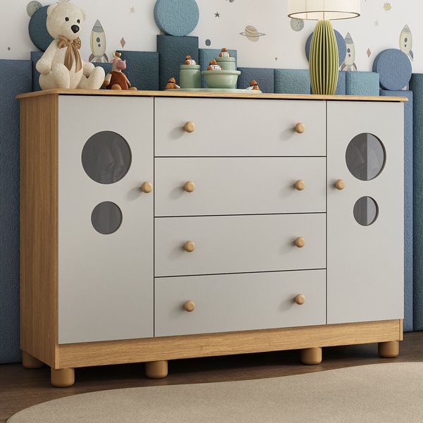 Cômoda Infantil 125cm 2 Portas com Vidro e 4 Gavetas Bombom Multimóveis MP4465 Madeirado/Off White