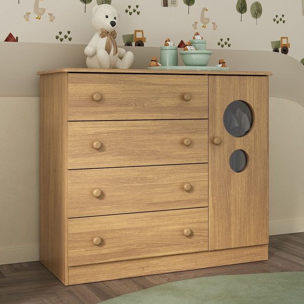 Cômoda Infantil 95cm 1 Porta com Vidro e 4 Gavetas Pirulito Multimóveis MP4469 Madeirado
