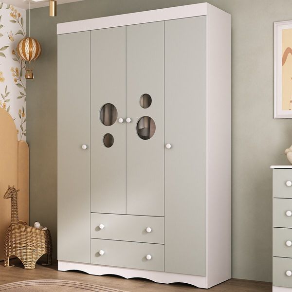Guarda-roupa Infantil 122cm com Vidro 4 Portas e 2 Gavetas Sonho Multimóveis MP4473 Branco/Off White