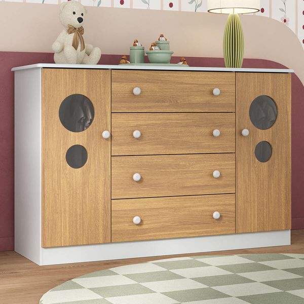 Cômoda Infantil 125cm 2 Portas com Vidro e 4 Gavetas Pirulito Multimóveis MP4470 Branco/Madeirado