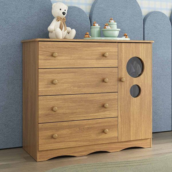 Cômoda Infantil 95cm 1 Porta com Vidro e 4 Gavetas Sonho Multimóveis MP4474 Madeirado