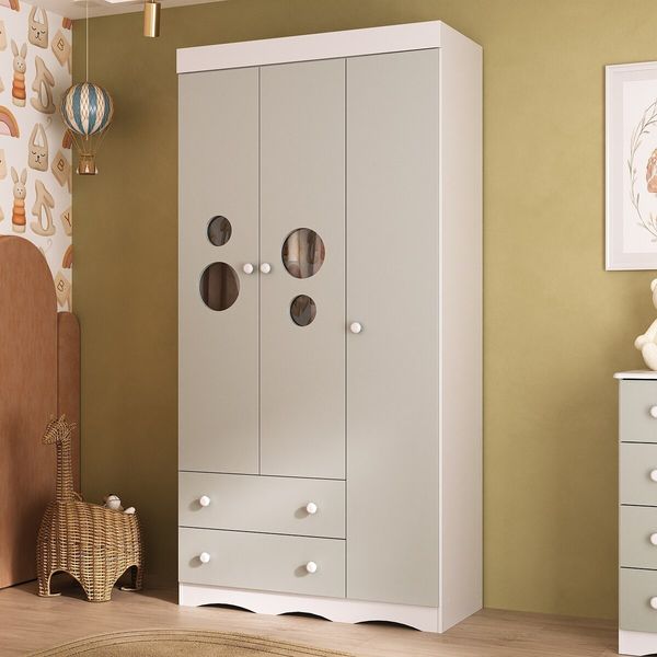 Guarda-roupa Infantil 92cm com Vidro 3 Portas e 2 Gavetas Sonho Multimóveis MP4472 Branco/Off White