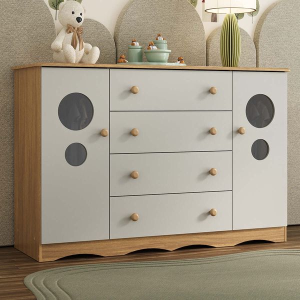 Cômoda Infantil 125cm 2 Portas com Vidro e 4 Gavetas Sonho Multimóveis MP4475 Madeirado/Off White