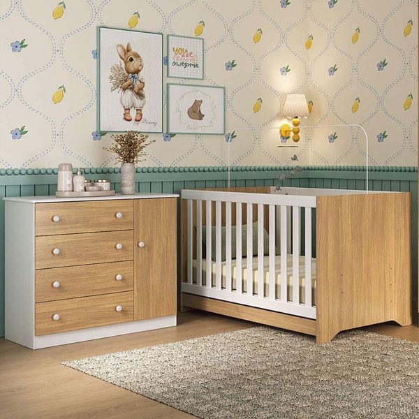 Berço Americano 3 em 1 com Cômoda 1 Porta 4 Gavetas Encanto Multimóveis MP4683 Branco/Madeirado