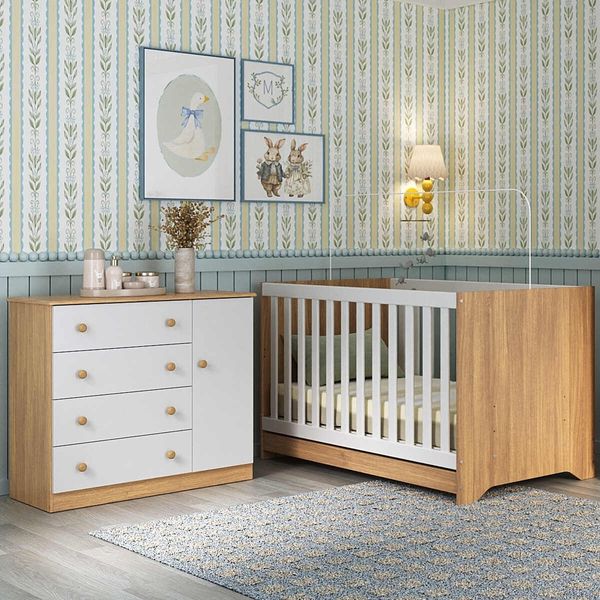 Berço Americano 3 em 1 com Cômoda 1 Porta 4 Gavetas Encanto Multimóveis MP4683 Madeirado/Branco