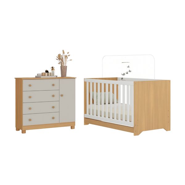 Berço Americano 3 em 1 com Cômoda 1 Porta 4 Gavetas Allegra Multimóveis MP4684 Madeirado/Off White
