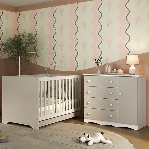 Berço Americano 3 em 1 com Cômoda 1 Porta 4 Gavetas Realeza Multimóveis MP4685 Branco/Off White