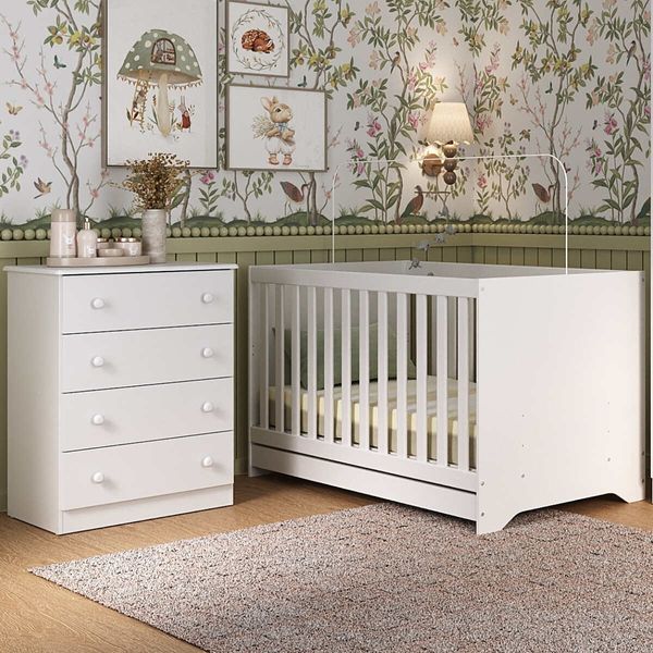 Berço Americano 3 em 1 com Cômoda 4 Gavetas Encanto Multimóveis MP4687 Branco