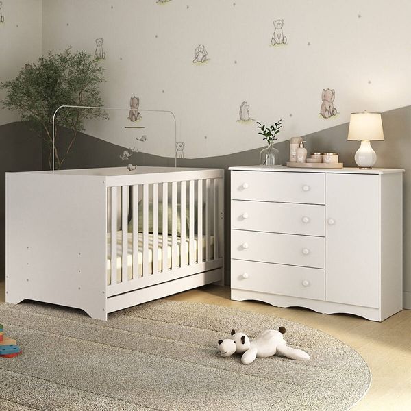 Berço Americano 3 em 1 com Cômoda 1 Porta 4 Gavetas Realeza Multimóveis MP4685 Branco
