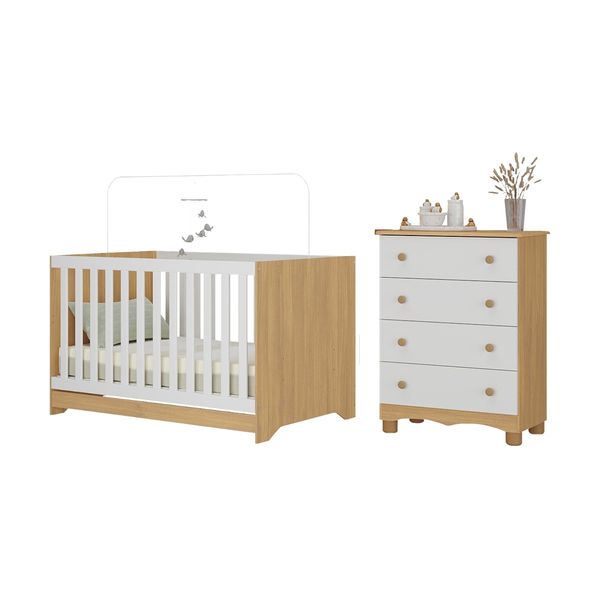 Berço Americano 3 em 1 com Cômoda 4 Gavetas Dengo Multimóveis MP4690 Madeirado/Branco