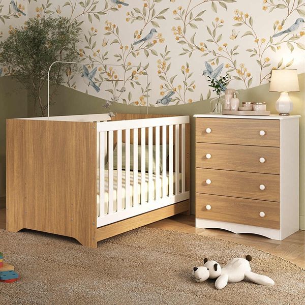Berço Americano 3 em 1 com Cômoda 4 Gavetas Realeza Multimóveis MP4689 Branco/Madeirado