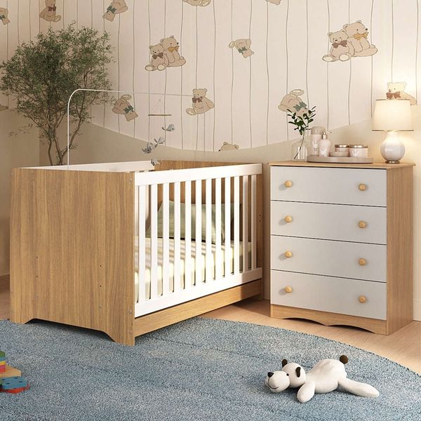 Berço Americano 3 em 1 com Cômoda 4 Gavetas Realeza Multimóveis MP4689 Madeirado/Off White