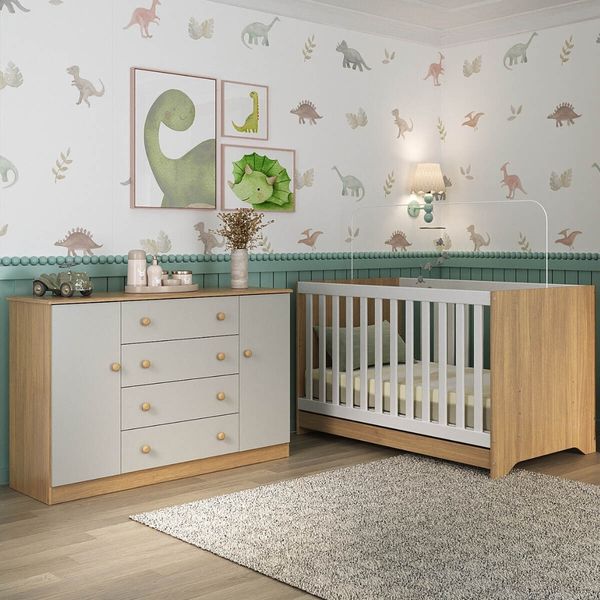 Berço Americano 3 em 1 com Cômoda 2 Portas 4 Gavetas Encanto Multimóveis MP4691 Madeirado/Off White