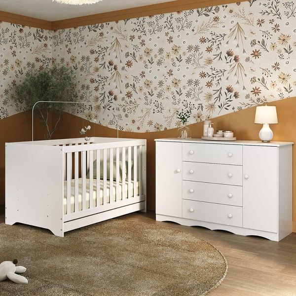Berço Americano 3 em 1 com Cômoda 2 Portas 4 Gavetas Realeza Multimóveis MP4693 Branco